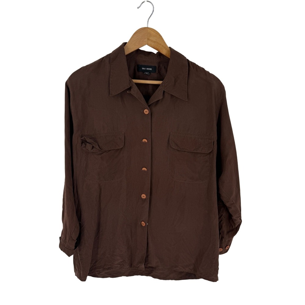 Vintage Silk House Button Down Brown Medium Utility Pocket Top Minimalist 90s